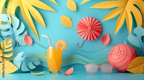 Summer background with umbrella, ball, glasses, sandals, juice and yellow leaves. Summer background in paper craft style.