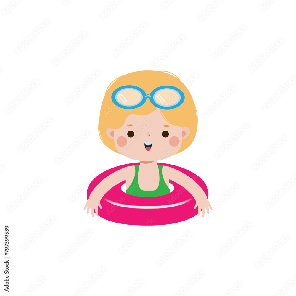 Kid wearing float rings, Cute Kids cartoon Pool party characters, child spending holidays in seaside or swimming pool on white background Vector illustration