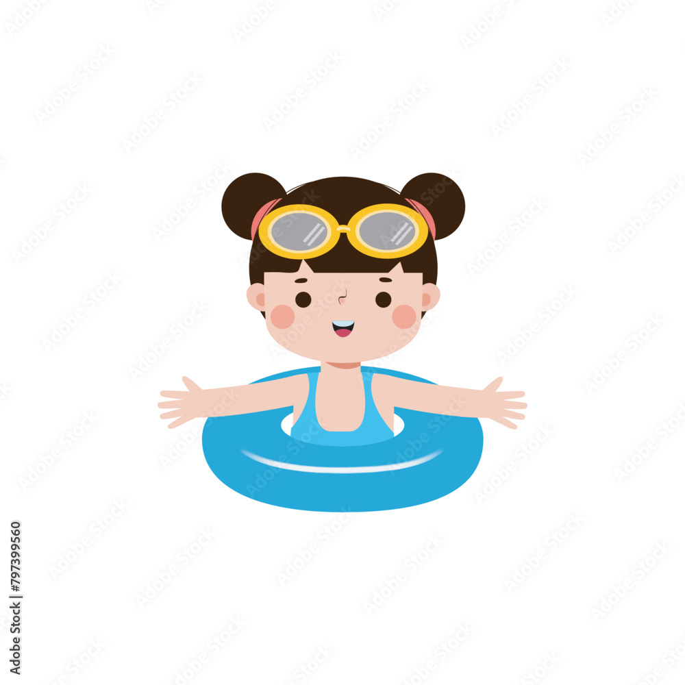 Kid wearing float rings, Cute Kids cartoon Pool party characters, child spending holidays in seaside or swimming pool on white background Vector illustration Kid wearing float rings, Cute Kids cartoon Pool party characters, child spending holidays in seaside or swimming pool on white background Vector illustration