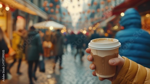 The close up picture of the person is holding the cup of the coffee by their own hand and walking on a street for relaxation also surrounded by building in city with people on blur background. AIG43.