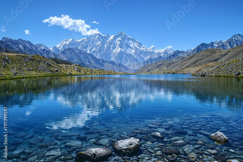 Crystal Clear Mountain Lake with Snowy Peaks
