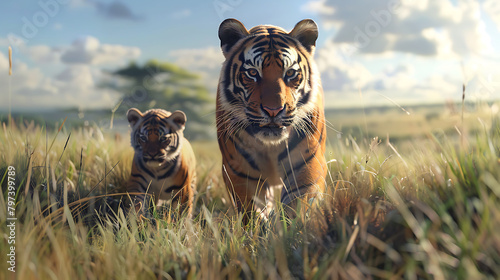 A captivating scene unfolding in Maasai Mara, as an African tiger mother guides her inquisitive calf through the lush grasslands, 