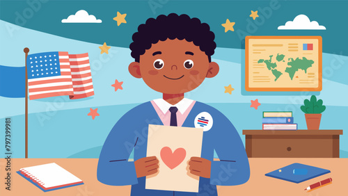 An elementary school student excitedly showing off a handmade card with a thankyou message given to a veteran at a local Veterans Day event.. Vector illustration