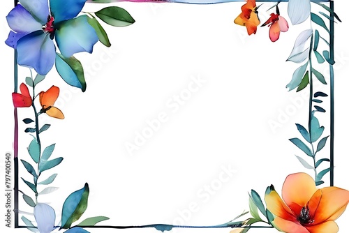 Beautiful colorful photo frame of tropical flowers and leaves on a white background.
