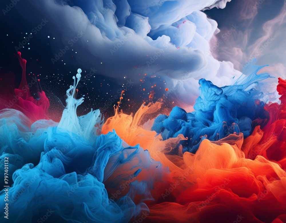 A vibrant storm where various colors of paint are swirling in the air against a dark, stormy sky background
