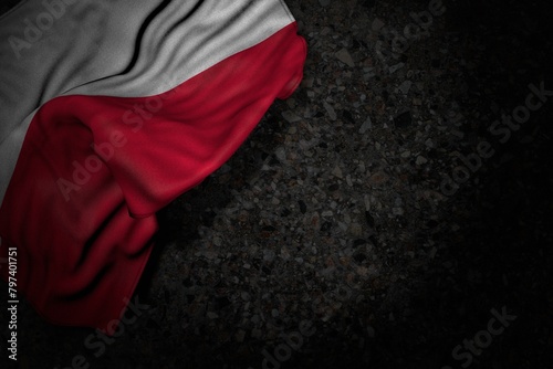 wonderful dark photo of Poland flag with big folds on dark asphalt with free space for text - any feast flag 3d illustration..