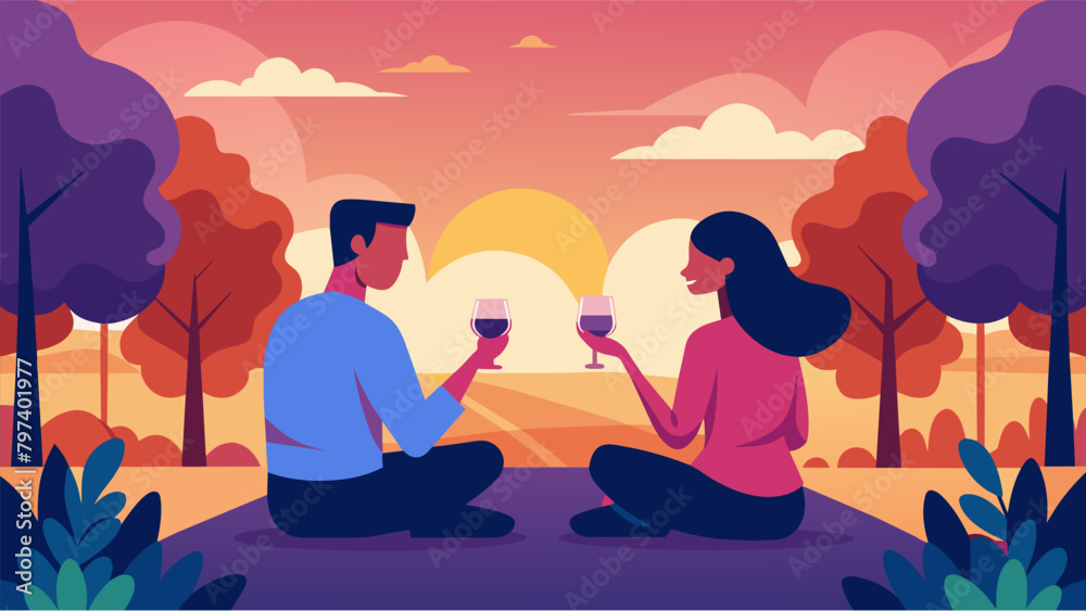 As they admire the beauty of a colorful sunset a couple clinks glasses in a quiet corner of a park cherishing the tranquility of their picnic in. Vector illustration