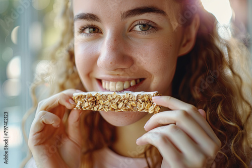 A woman  on a study break  indulges in a cricket cereal bar  finding in it a source of energy and well-being