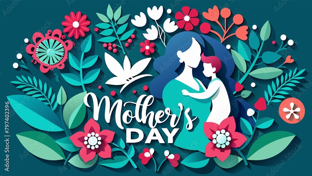 Happy Mothers Day Card. Floral papercut on teal background. Mom and flowers. 