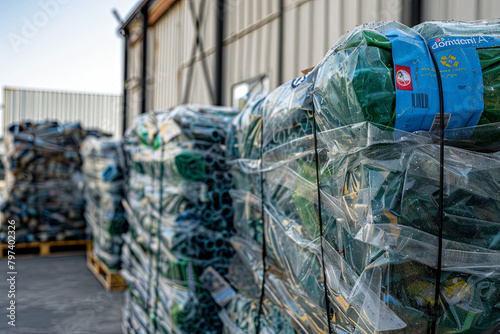 Bundles of plastic materials prepared for the recycling process photo