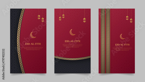 Eid Mubarak Islamic Arabic Realistic Social Media Stories Collection Template Design with Pattern Border