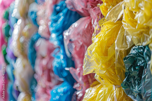 Bundles of plastic materials prepared for the recycling process photo