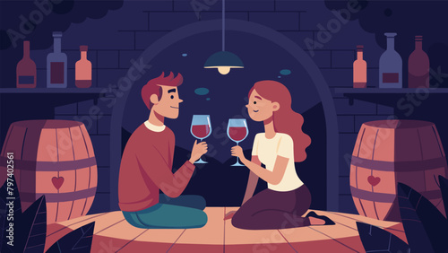 Between sips of velvety cabernet the couple shared secrets and dreams their voices muted by the hushed atmosphere of the secluded wine cellar.. Vector illustration