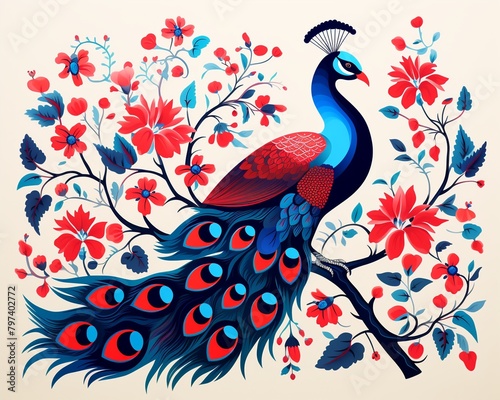 Graphic peacock  red botanical tail  folklore inspiration    flat graphic drawing