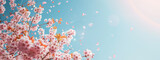 Pink cherry blossom tree on blue sky background, Generative AI