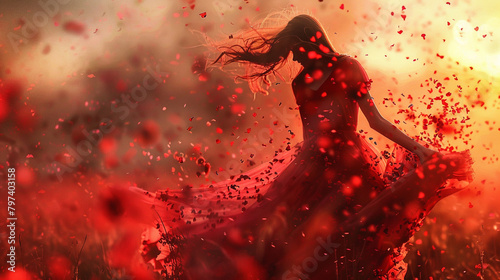 Crimson red particles swirl in a mesmerizing dance amidst a softly blurred landscape, igniting the senses with passion and intensity.