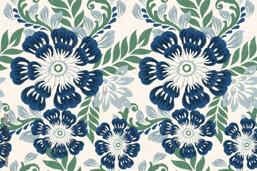 Blue flower whit green leaves seamless pattern on white background vector illustration 