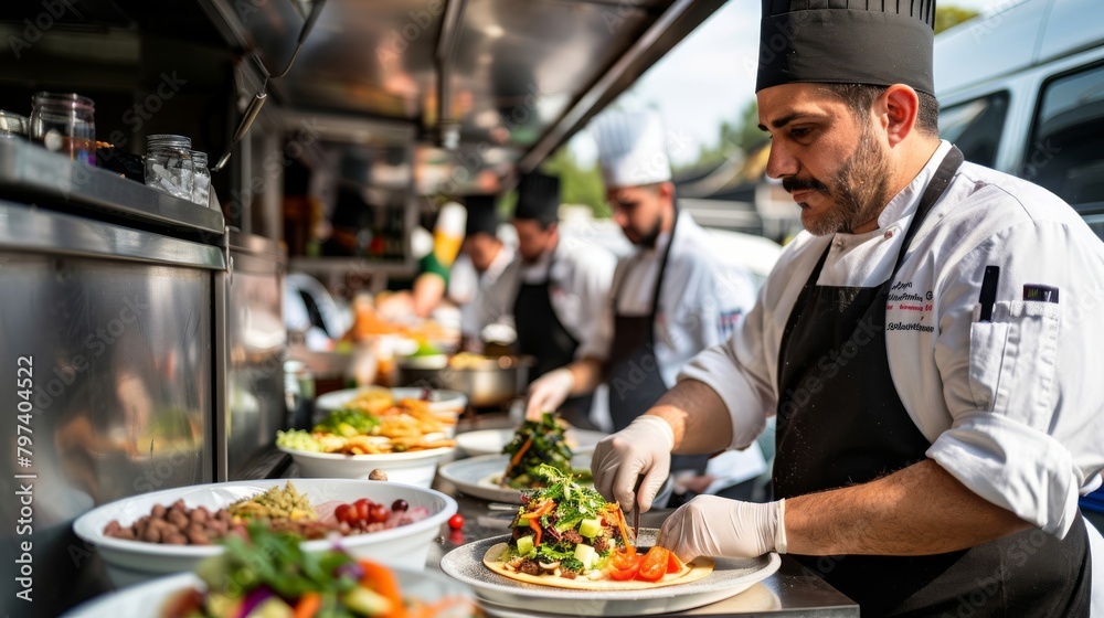 Culinary showcase: chefs demonstrating their culinary prowess at the chefs table amidst the vibrant energy of a food truck gathering Culinary showcase: chefs demonstrating their culinary prowess at the chefs table amidst the vibrant energy of a food truck gathering