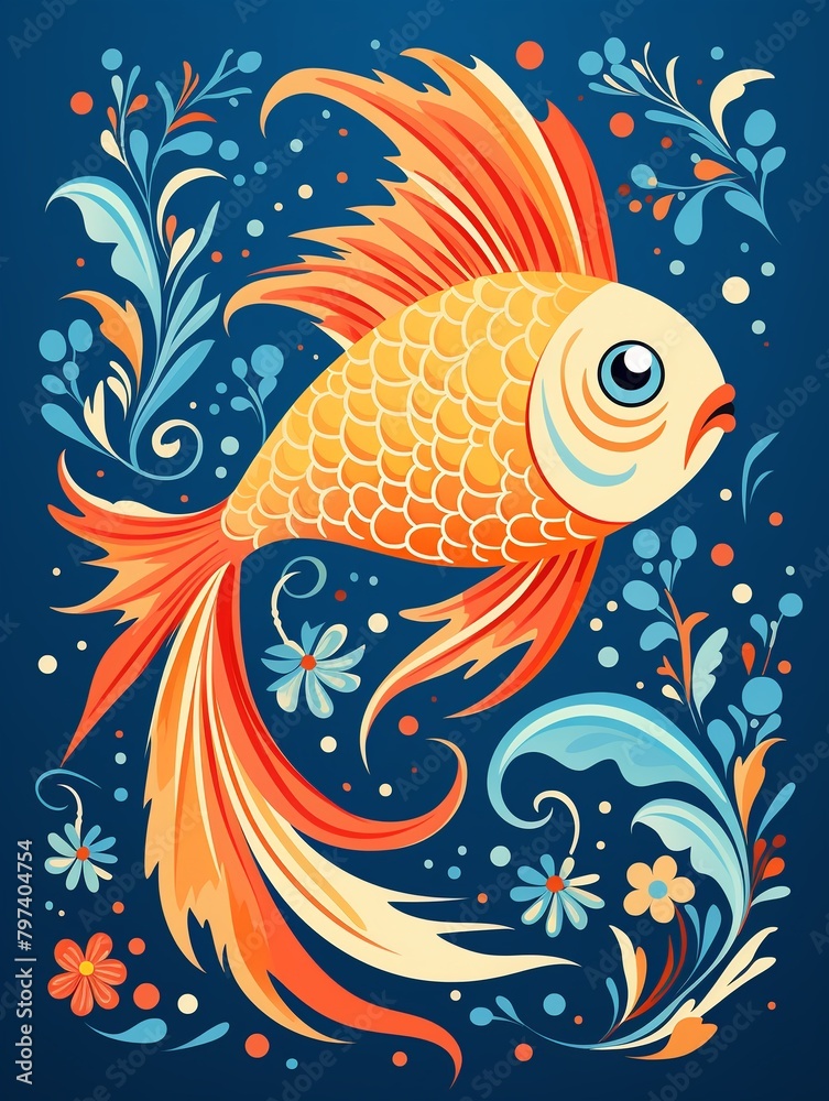 Decorative single big fish, simple lines, repeating patterns ,  flat graphic drawing