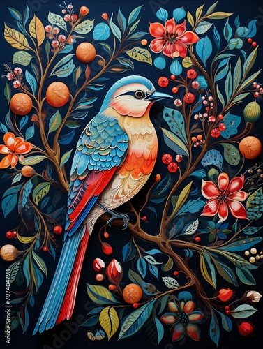 Folk art bird, vibrant pattern, berry branch perch ,  high resolution © Amina