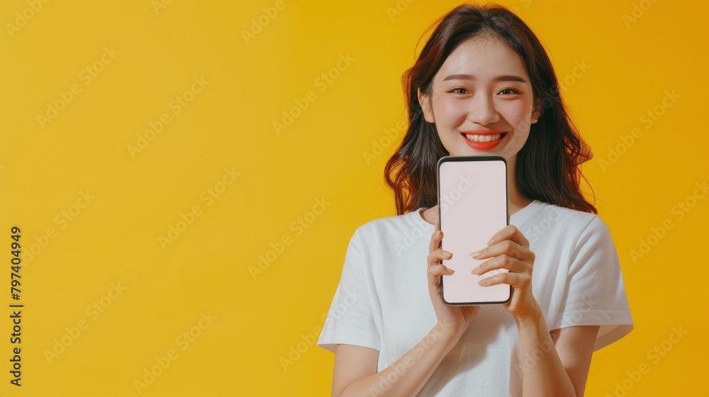 A woman is holding a cell phone in front of a yellow background A woman is holding a cell phone in front of a yellow background
