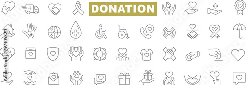 Charity donation vector icon set, perfect for web design, promotional materials, highlighting compassion, community support, healthcare, protection, disability aid, hearing aid, peace