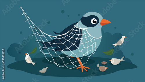 A small bird ped in a discarded plastic net unable to fly free showcasing the deadly consequences of littering for wildlife.