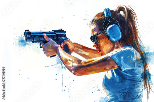 Blue watercolor paint of a woman on pistol gun shooting practice photo