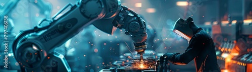 A welder works on a metal structure while a robotic arm welds in the background photo