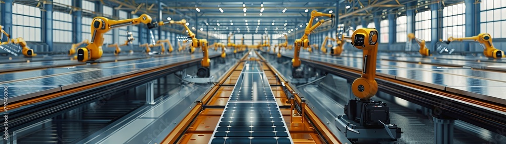 An image of a factory with robotic arms assembling solar panels.