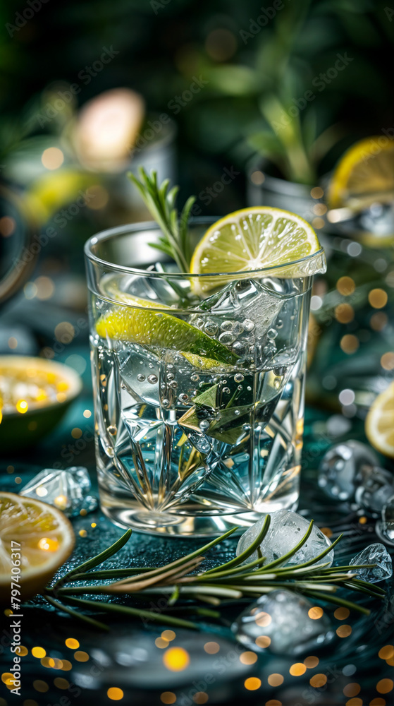 closeup on glass with gin tonic lemon/ lime on ice on the countertop of a bar 