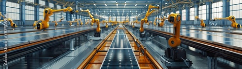 An image of a factory with robotic arms assembling solar panels.
