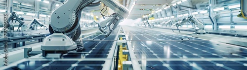 An industrial robot arm assembles solar panels in a factory photo