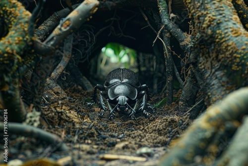 Ground beetle in natural habitat tunnel photo