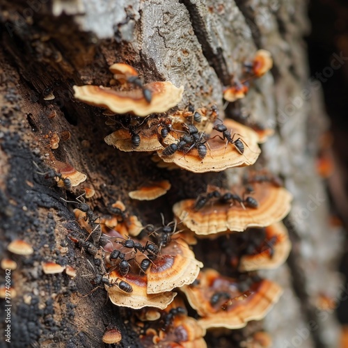 Ants working on fungus-covered tree bark