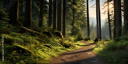 a way in a forest trailblazers nature adventure and exploration on a sunlight background
 photo