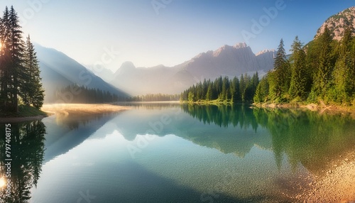  A serene mountain landscape with a peaceful lake and misty mountains  perfect for a travel brochure. 
