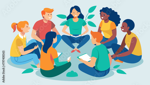 A group of volunteers sitting in a circle passionately discussing the social and environmental issues they aim to address through their community. Vector illustration