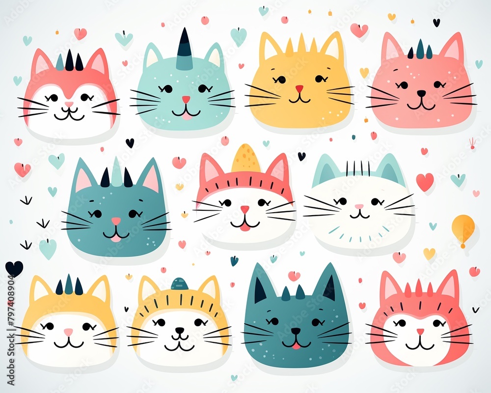 Playful cat patterns, stripes and dots, cheerful group ,  flat graphic drawing