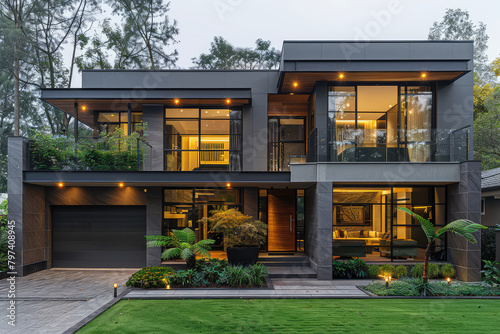 A two-story modern house with large windows, glass walls and an elegant design in dark gray tones. Createvdwith AI