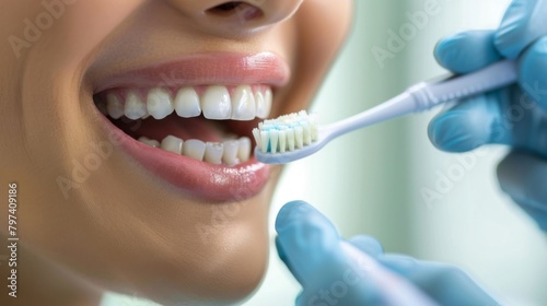 A dentist who instructs patients to brush their teeth