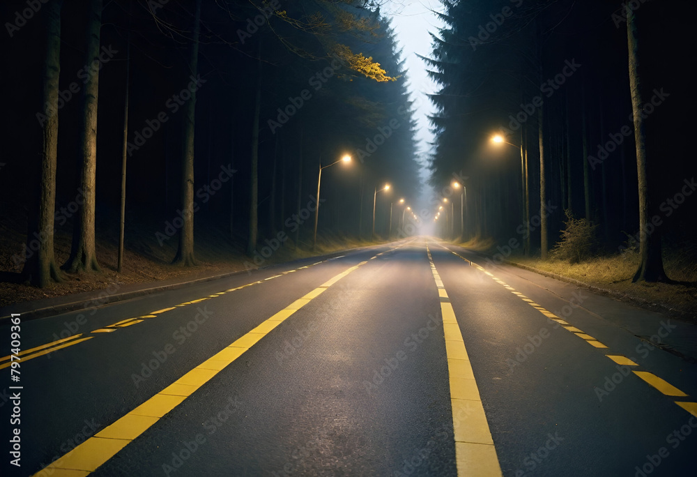 An empty road winding through a dense forest.