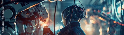 A welder wearing a protective helmet and futuristic suit works on a vehicle in a factory. photo