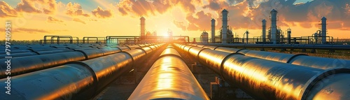 The image shows a long pipeline with an oil refinery in the distance. The sky is orange and the sun is setting.