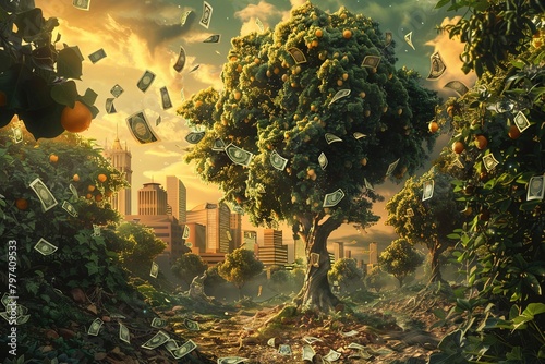 A portrayal of a mythical garden where money trees grow in abundance photo