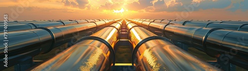 The image shows a long row of pipelines stretching into the distance with the sun rising behind them. photo