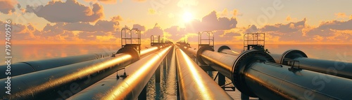 The image shows a pipeline in the ocean with the sun rising in the background.