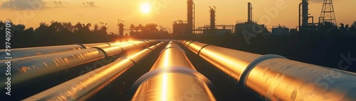 The image shows several oil pipelines in the desert at sunset. photo