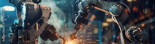 Two robotic arms welding together pieces of metal. photo