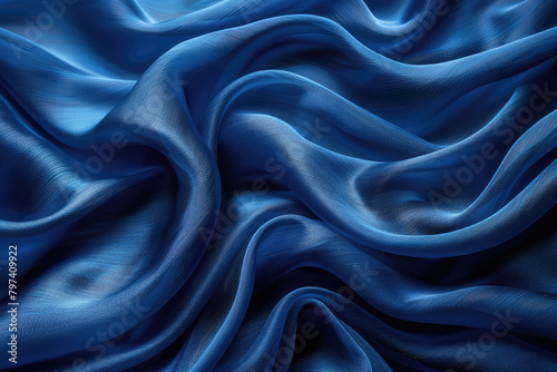 Dark blue velvet fabric background, with waves of fabric flowing in the center. Created with Ai